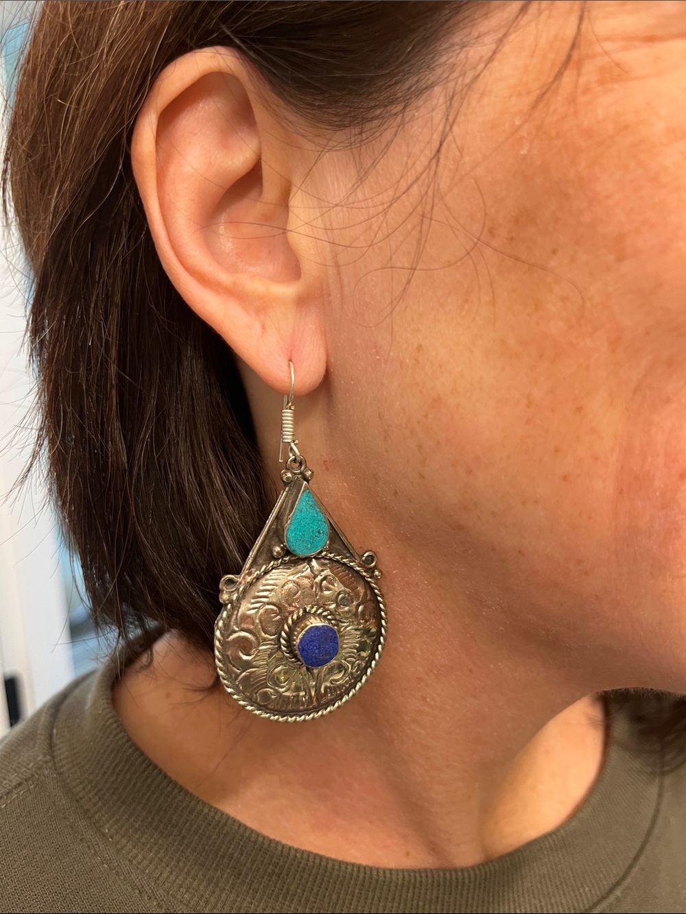 Turquoise And Lapis Enamel Earrings